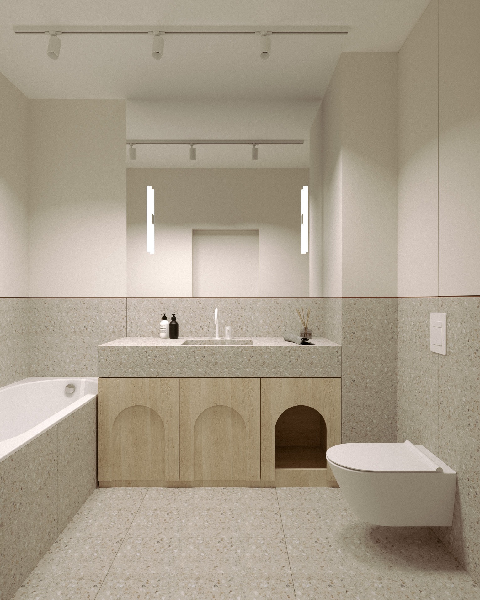 Jasna łazienka w stylu minimalistycznym z umywalką na szafce z drewnianymi frontami z motywem łuku, toaleta podwieszana i płytki lastryko.