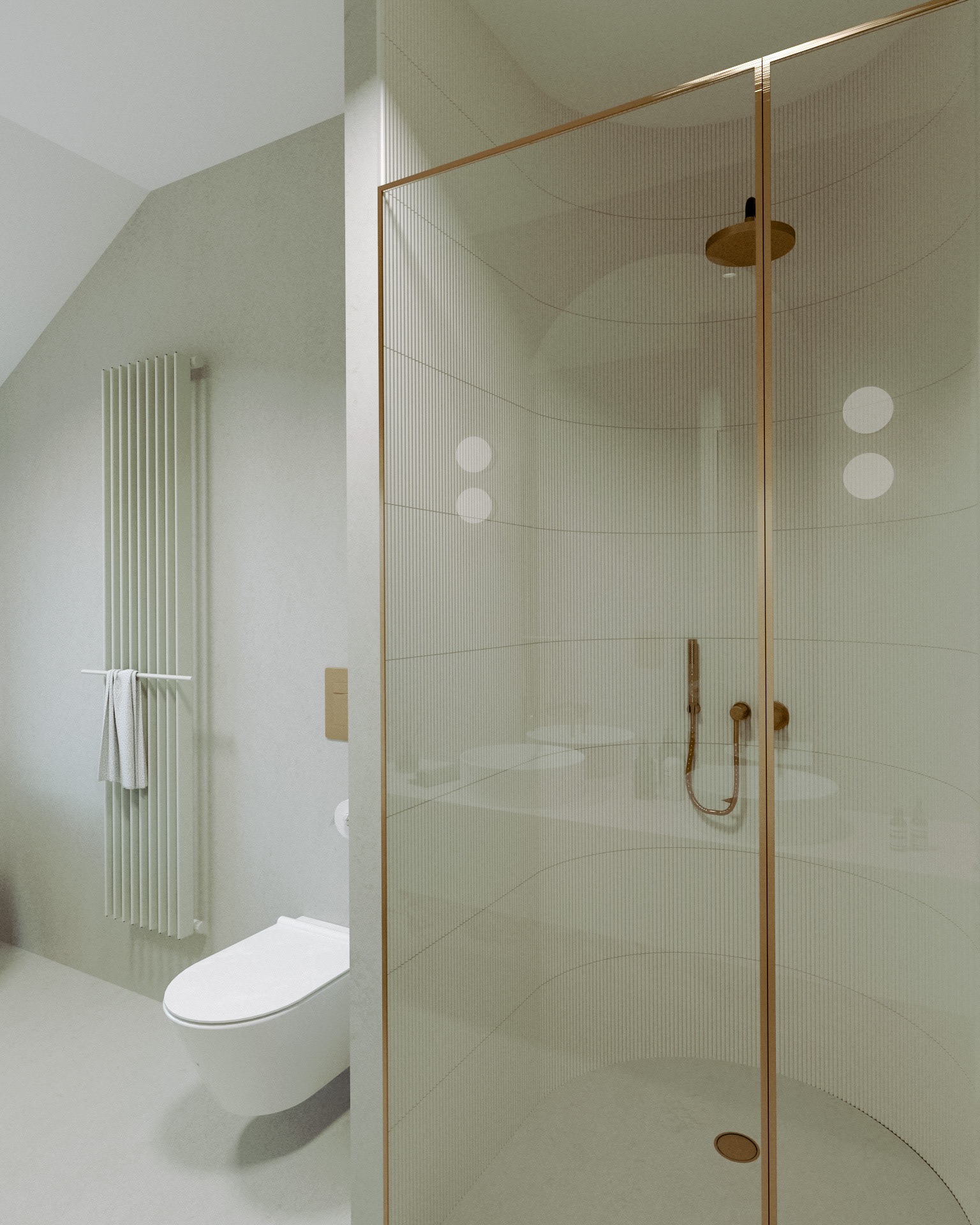 Nowoczesna łazienka w odcieniach szarości z kabiną prysznicową z geometrycznym wzorem, wiszącą toaletą i grzejnikiem drabinkowym z ręcznikiem.