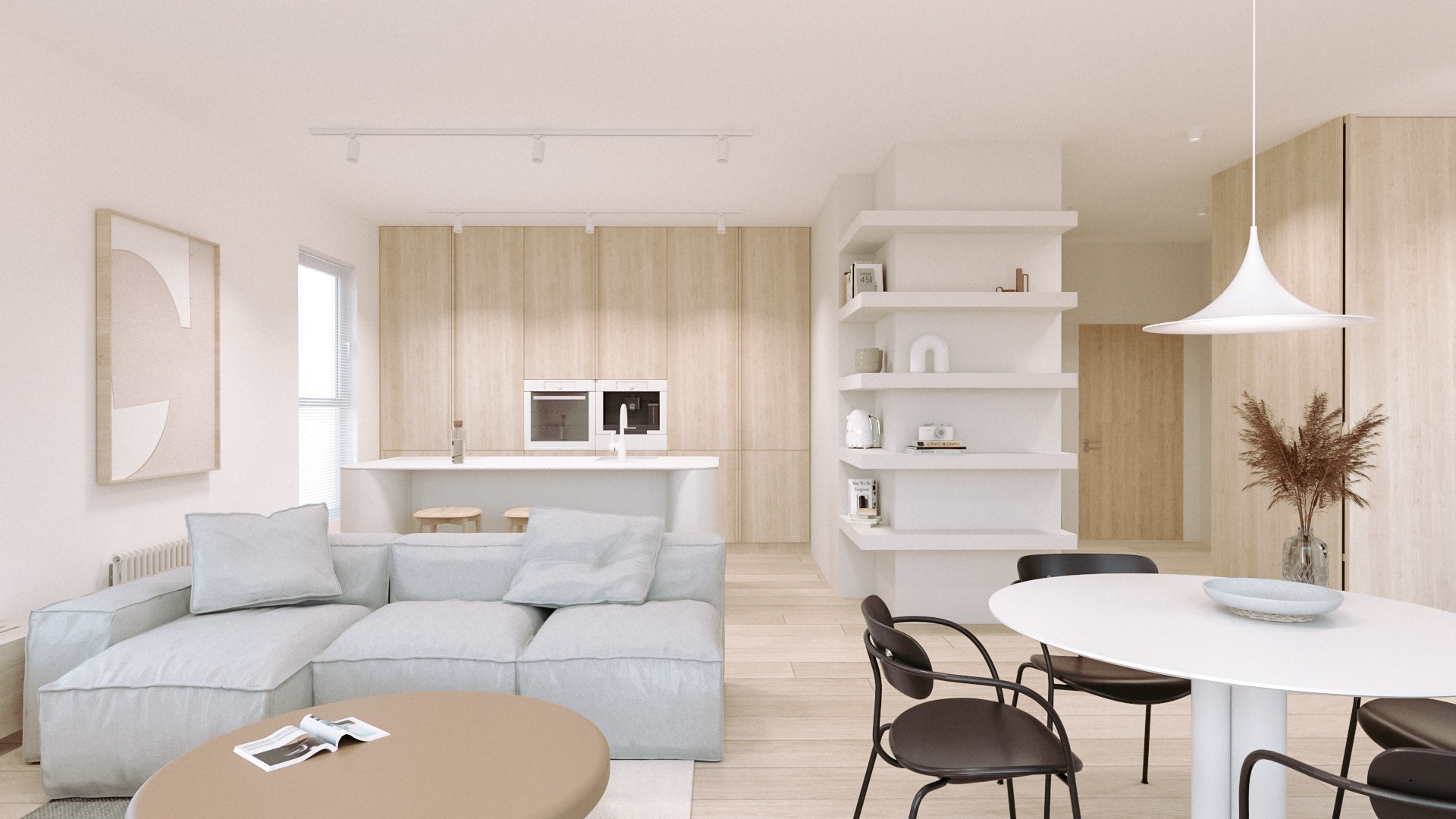 Jasne, minimalistyczne wnętrze z otwartą kuchnią, beżową drewnianą zabudową, białymi półkami i okrągłym stołem jadalnym z czarnymi krzesłami, oświetlone wiszącą lampą w kształcie kapelusza.