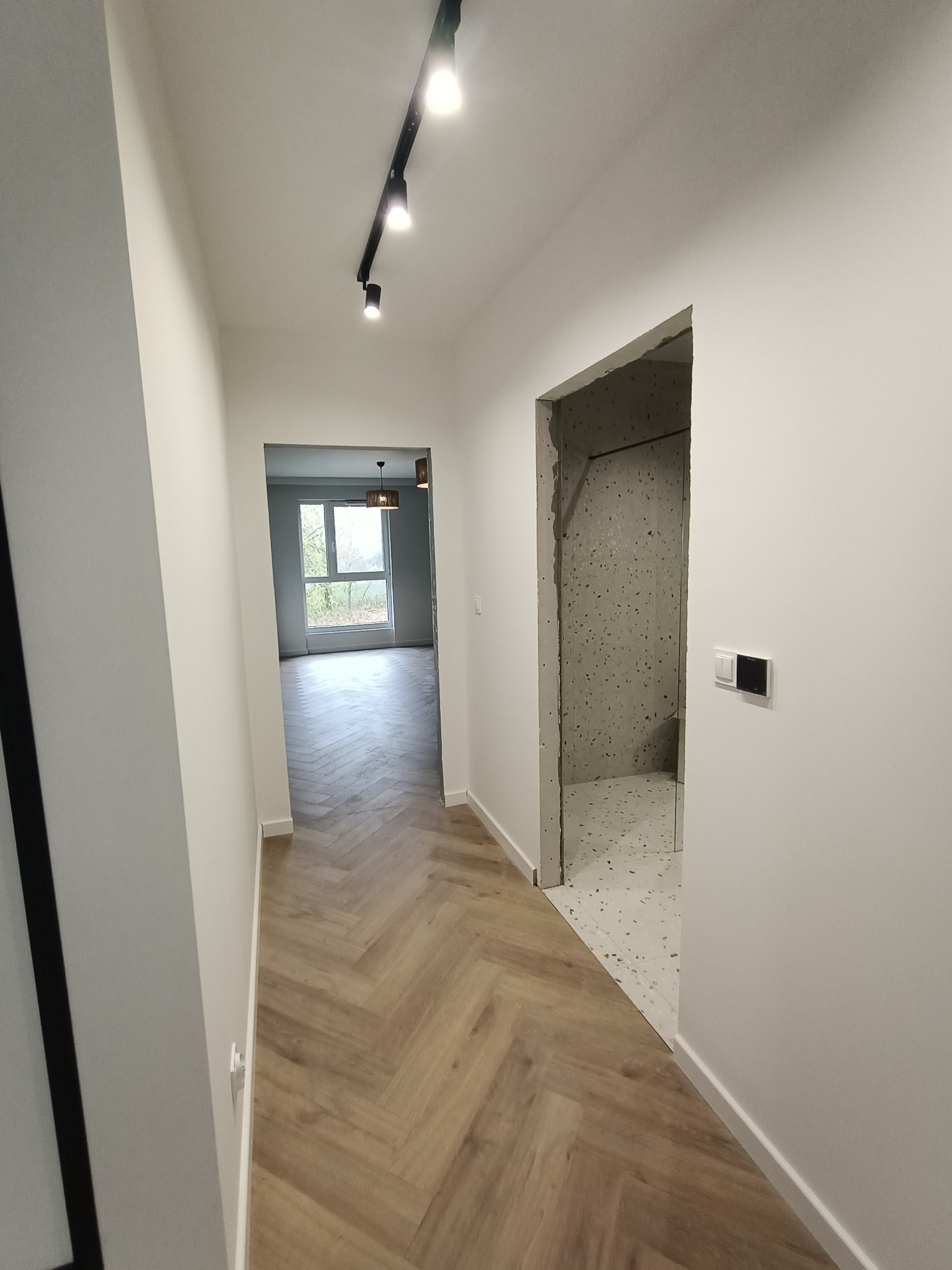 Korytarz z ułożonymi panelami w jodełkę, widok na pokój z oknem i surową łazienkę z wykończoną podłogą z lastryko, oświetlenie szynowe.