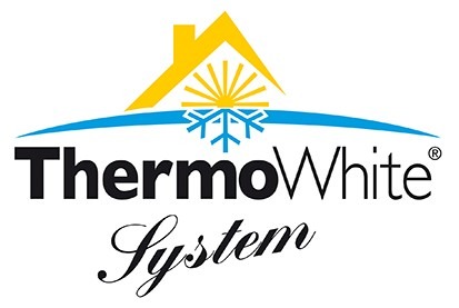 Logo ThermoWhite System z symbolem domu, słońca i śnieżynki, czarny napis na białym tle.