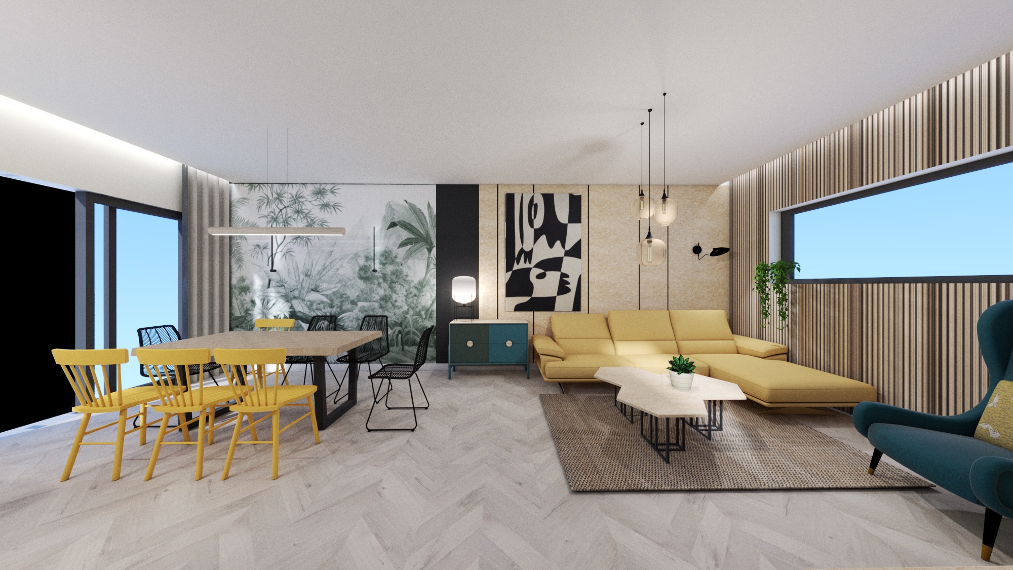 Wizualizacja przestronnego salonu z żółtą sofą narożną, drewnianym stołem jadalnym z żółtymi krzesłami, ścianą z motywem roślinnym i dekoracyjnym oświetleniem.