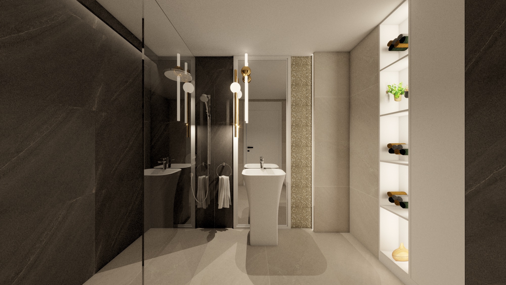 Nowoczesna łazienka z kabiną prysznicową typu walk-in, umywalką na postumencie i podświetlanymi półkami z dekoracjami.