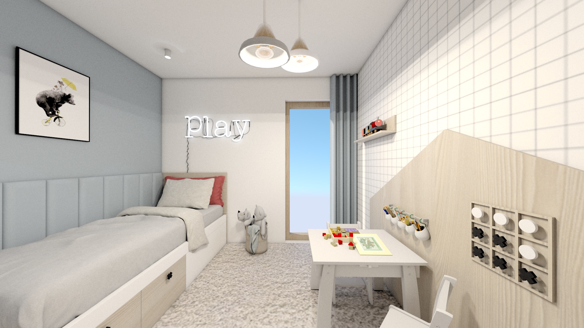 Wizualizacja pokoju dziecięcego z łóżkiem, biurkiem do zabawy, neonowym napisem 'Play' i ścianą z motywem gry kółko i krzyżyk.