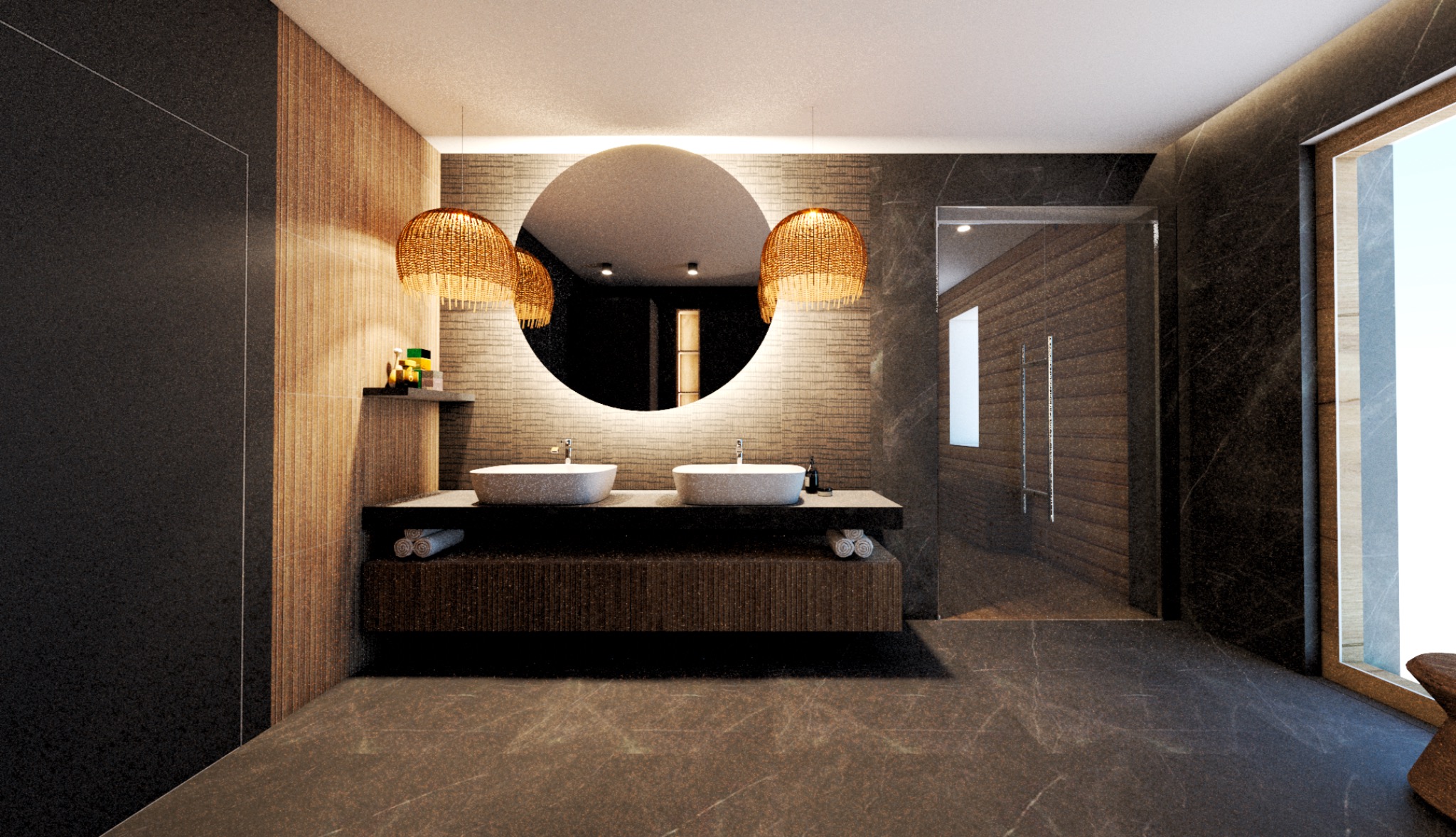 Nowoczesna łazienka z dwoma umywalkami nablatowymi, okrągłym lustrem z podświetleniem, plecionymi lampami wiszącymi i kabiną prysznicową walk-in z drewnianą ścianą.