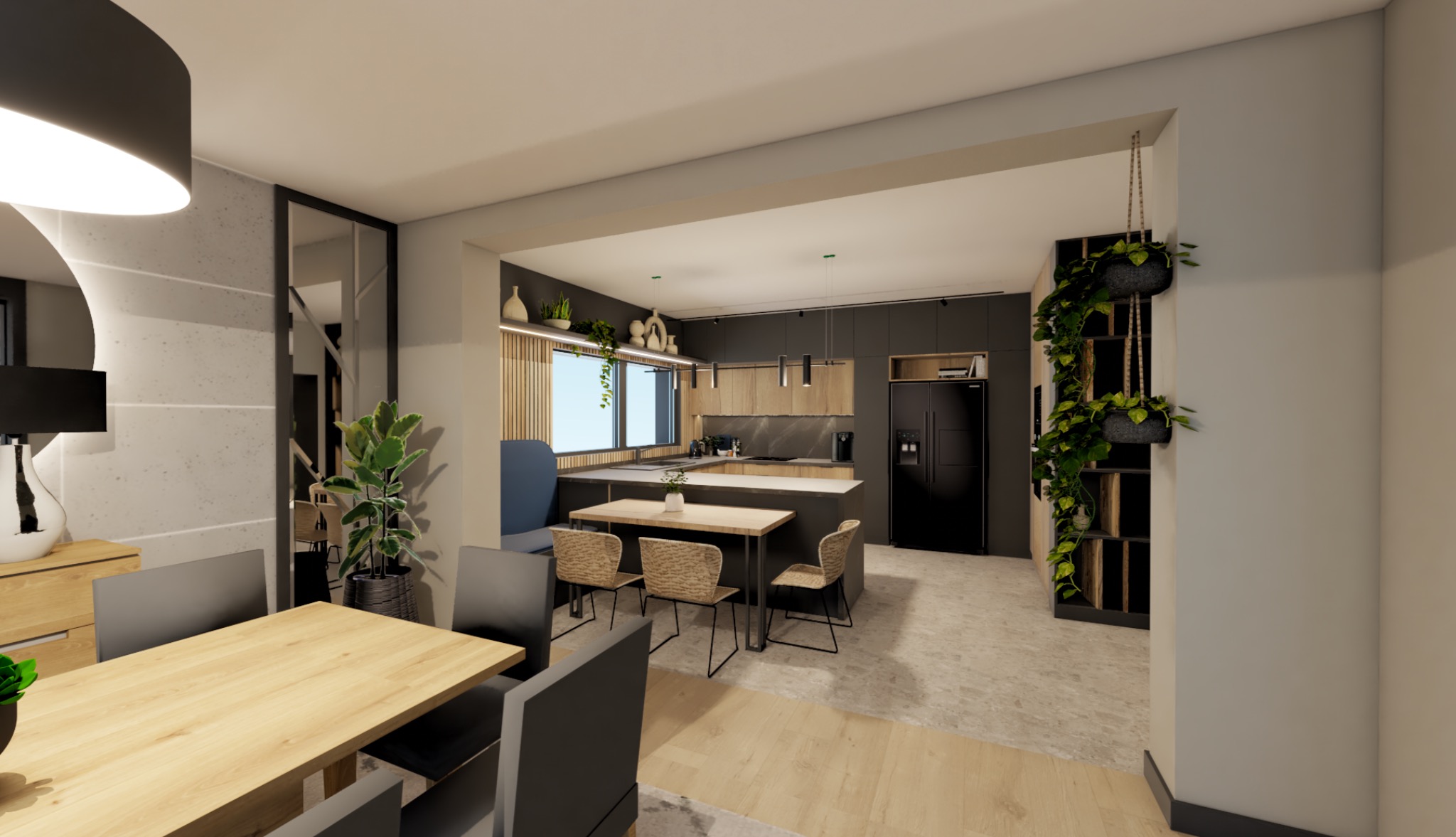 Wnętrze domu w Rybniku z otwartą przestrzenią łączącą jadalnię i kuchnię. Widoczny stół z krzesłami, wyspa kuchenna z hokerami, zabudowa kuchenna w ciemnych kolorach i duża lodówka. Dekoracyjne...