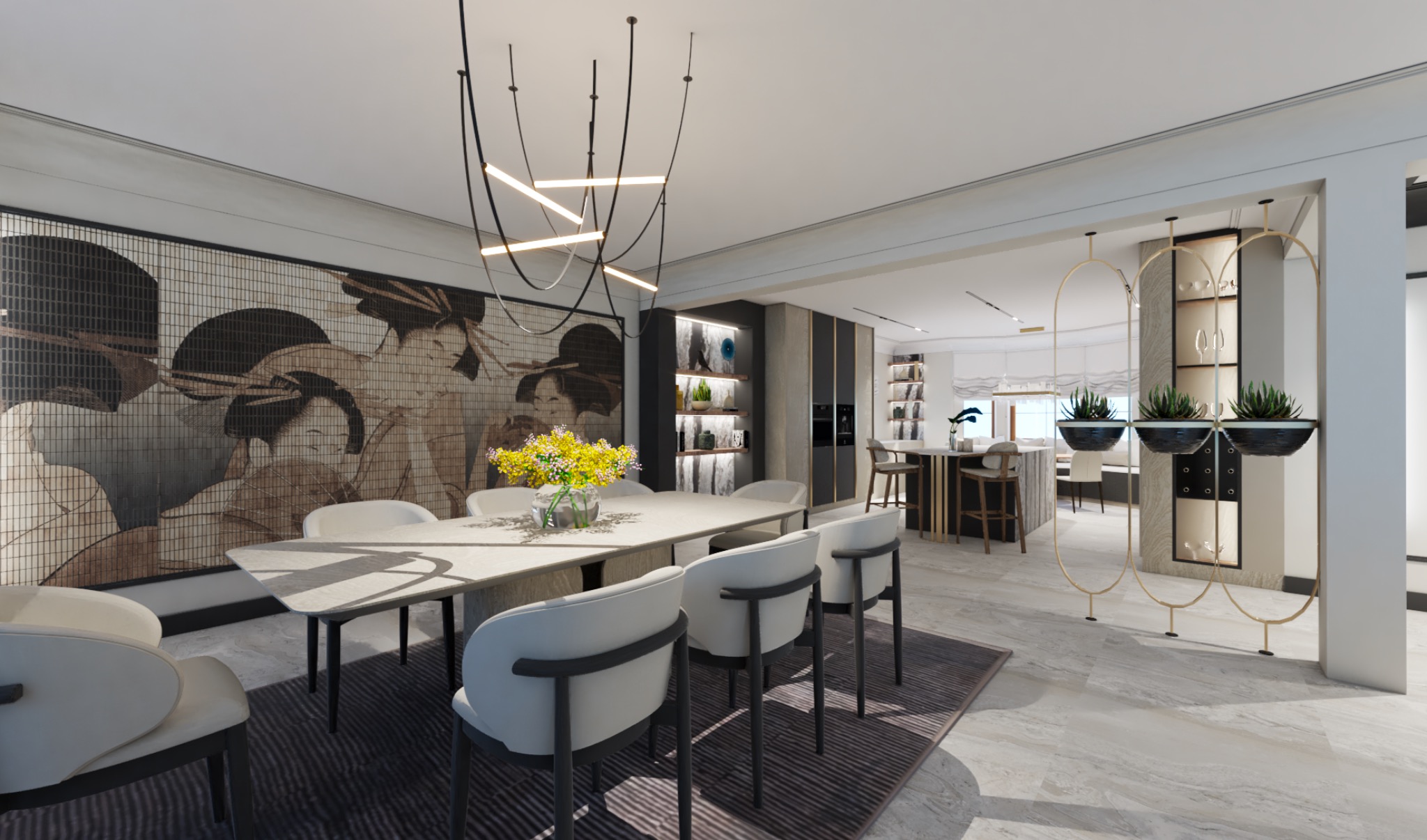 Nowoczesna jadalnia z długim stołem, białymi krzesłami i dekoracyjną ścianą z motywem azjatyckim, oświetlona wiszącą lampą o geometrycznym kształcie.
