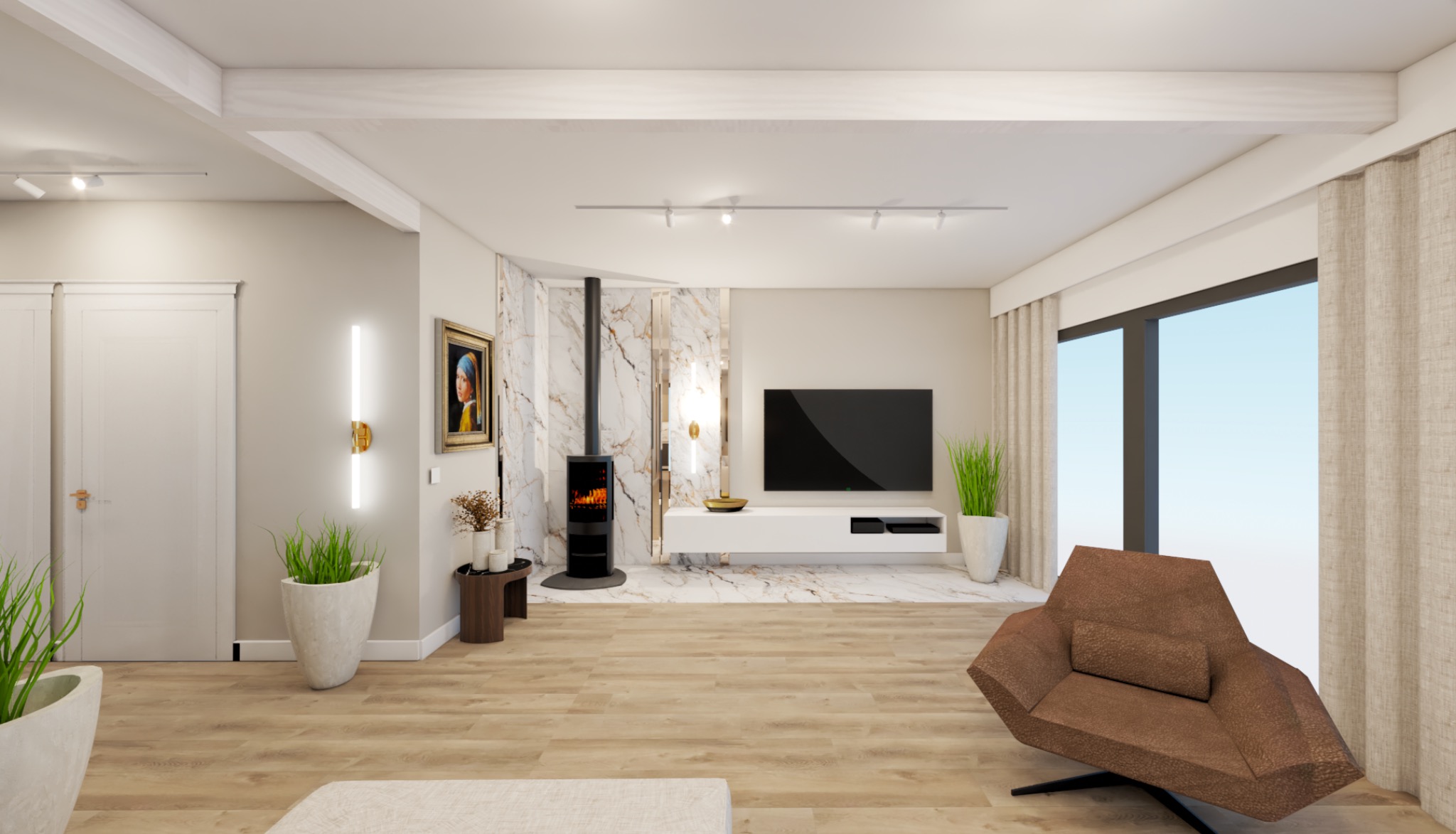 Wizualizacja salonu z kominkiem obudowanym marmurem, telewizorem na białej szafce RTV, geometrycznym fotelem i drewnianą podłogą.