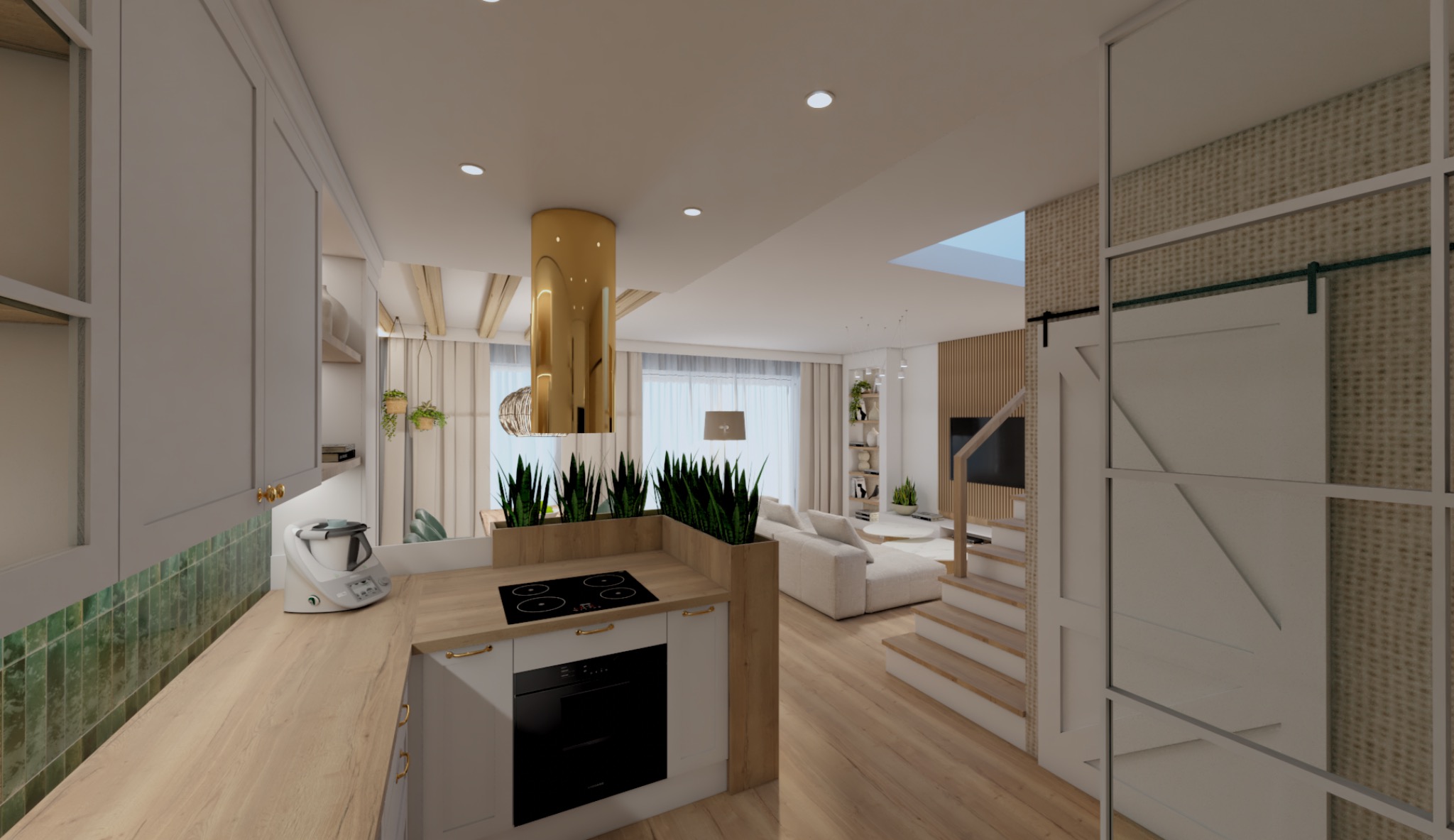 Wizualizacja nowoczesnej kuchni z wyspą, płyta indukcyjna otoczona zielenią, złoty okap cylindryczny, widok na salon ze schodami i przesuwnymi drzwiami.
