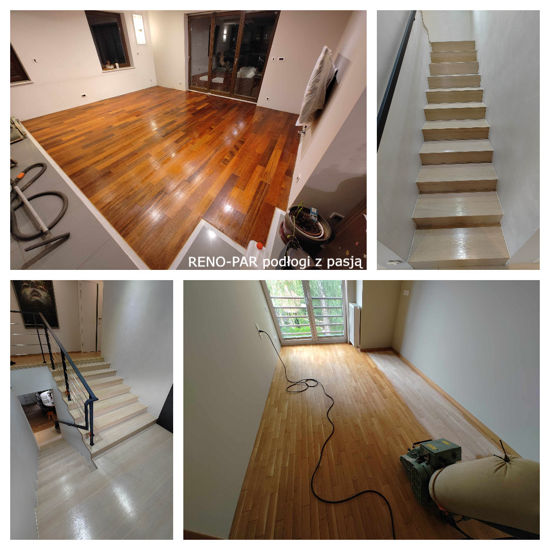 Kolaż zdjęć przedstawiających jasne, odnowione drewniane schody i podłogi w różnych pomieszczeniach, z widoczną maszyną do cyklinowania w jednym ujęciu.