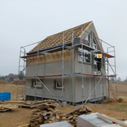 Pracownik na rusztowaniu wyr&oacute;wnuje szpachlą szarą elewację domu jednorodzinnego w trakcie budowy, widoczne drewniane elementy konstrukcji dachu i teren wok&oacute;ł budynku.