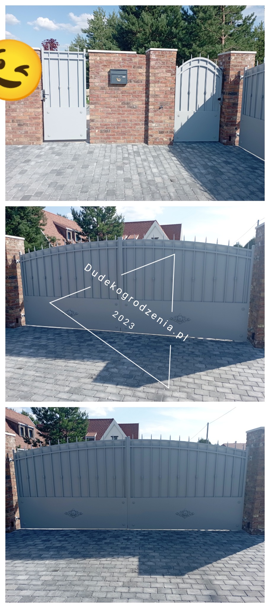 Szara brama wjazdowa dwuskrzydłowa z elementami dekoracyjnymi, osadzona między ceglanymi słupkami, z widoczną kostką brukową i elementami zabudowy w tle.
