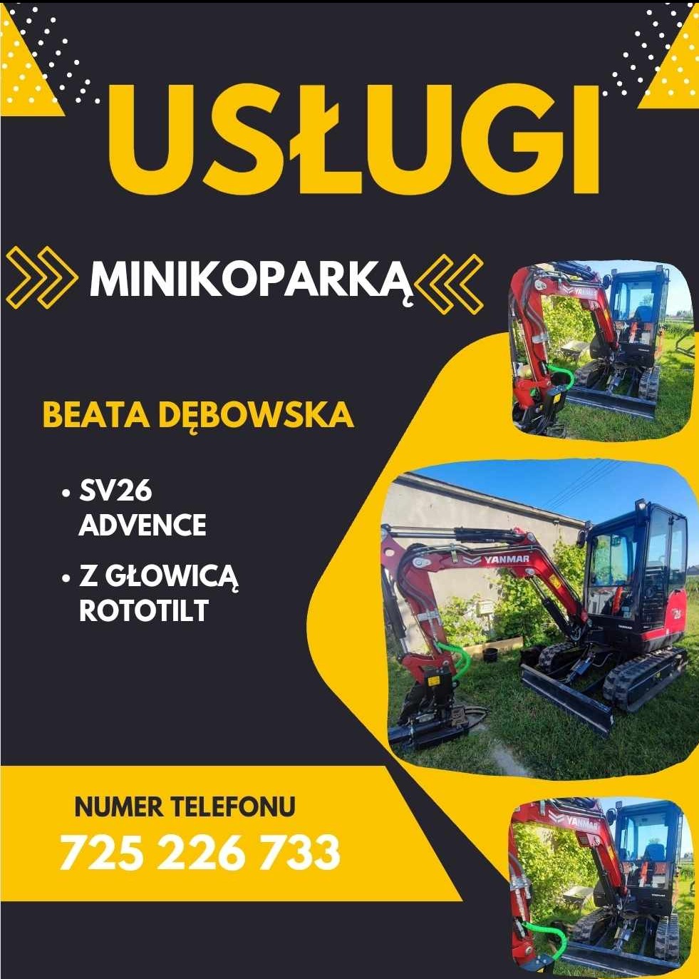 Grafika reklamowa usług minikoparką z numerem telefonu, prezentująca czerwoną minikoparkę Yanmar SV26 Advence z głowicą rototilt na tle zielonej trawy.