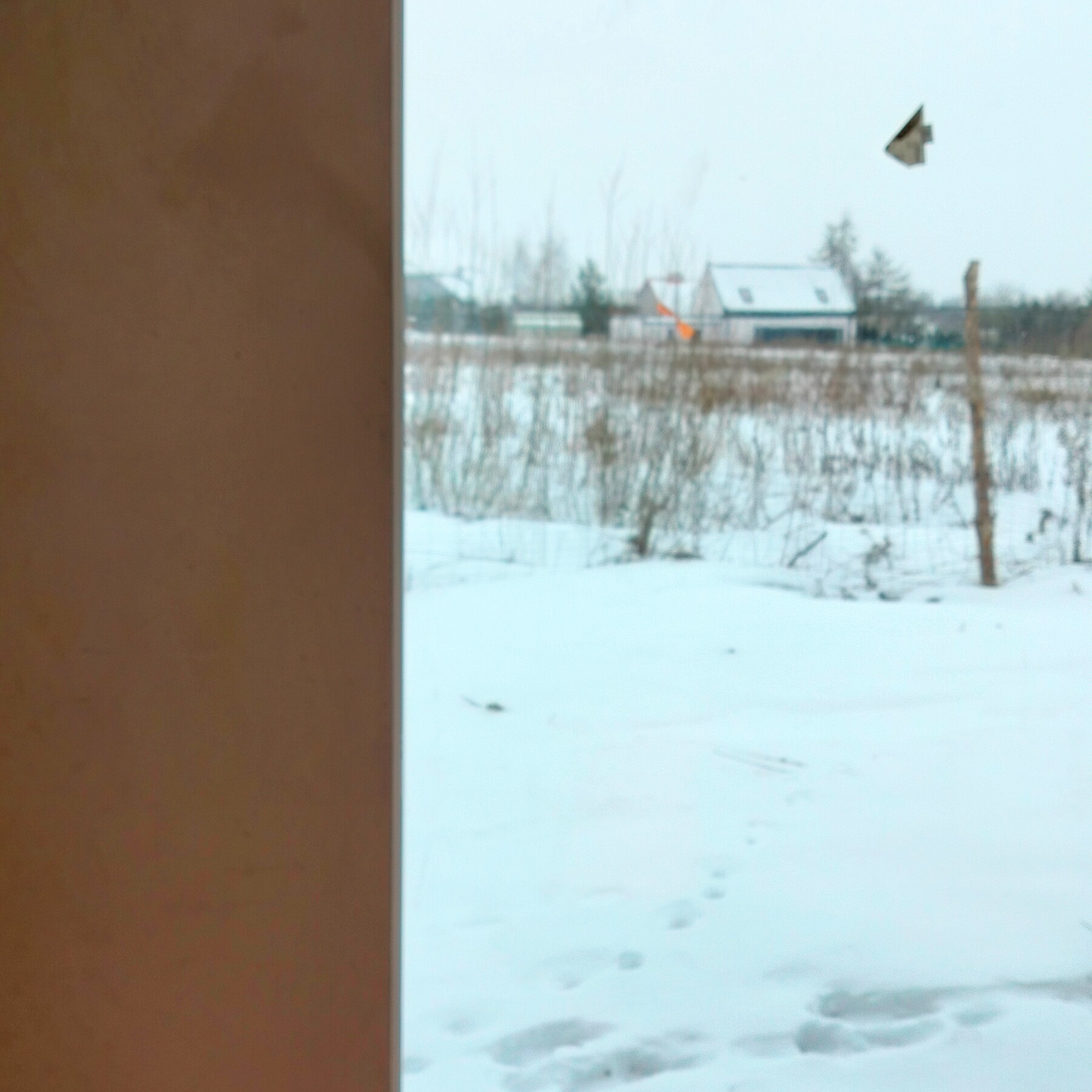 Fragment ściany wewnątrz budynku z widokiem na zimowy krajobraz za oknem. Śnieg, domy w oddali, pochmurne niebo. Część ściany po lewej stronie kadru.