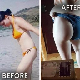 Andżelika Pigan - Kolaż przedstawiający sylwetkę kobiety przed i po, z napisem 'BEFORE' i 'AFTER'. Po lewej stronie kobieta w pomarańczowym bikini na tle krajobrazu z wodą i wzgórzami, po prawej stronie zbliżenie...