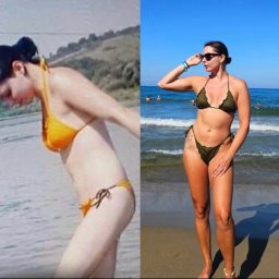 Andżelika Pigan - Kobieta w bikini na plaży, prezentująca metamorfozę sylwetki. Zdjęcie typu 'przed i po' z wyraźną różnicą w wyglądzie figury. Słońce, morze i piasek w tle.