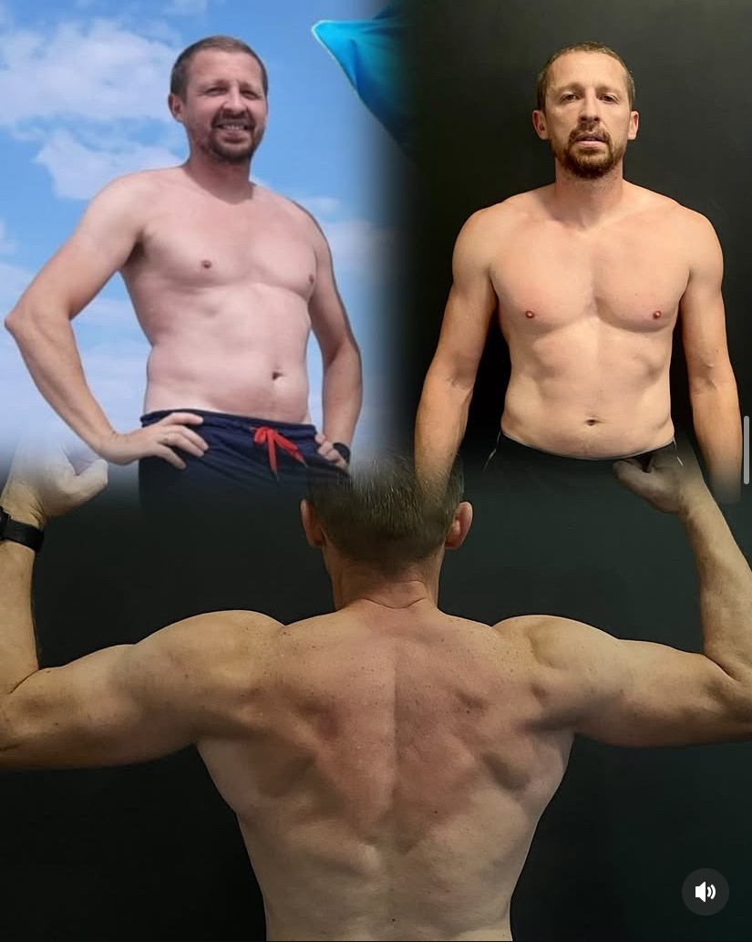 Mężczyzna prezentuje swoją transformację sylwetki: zdjęcie 'przed' na tle błękitnego nieba i 'po' na ciemnym tle, z dodatkowym ujęciem pleców i ramion po treningu.