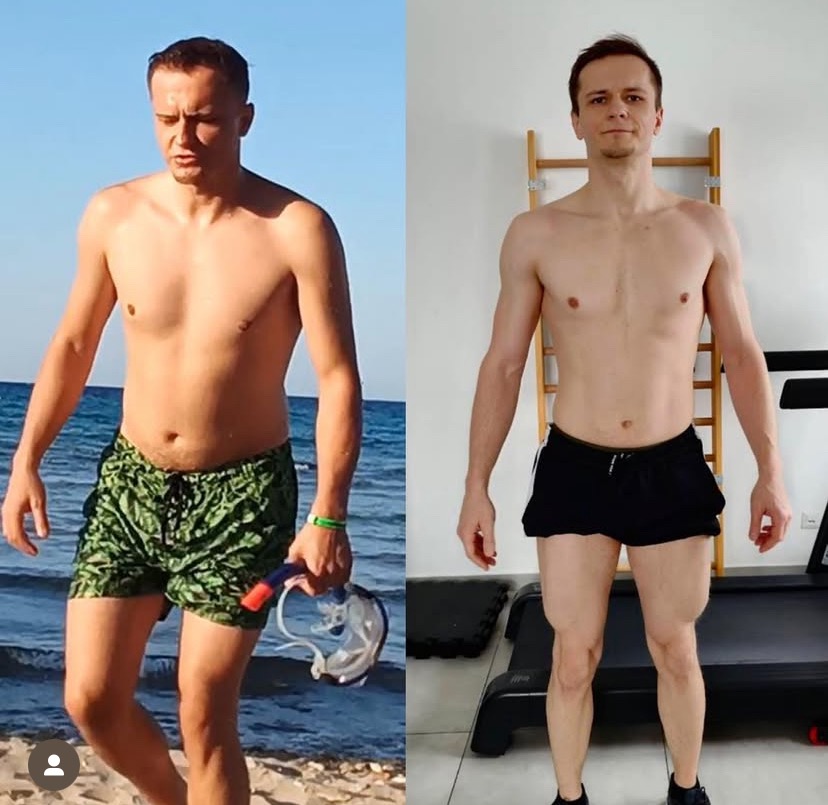 Mężczyzna przed i po metamorfozie sylwetki: po lewej na plaży z maską do nurkowania, po prawej w domowej siłowni z drabinką gimnastyczną i bieżnią.