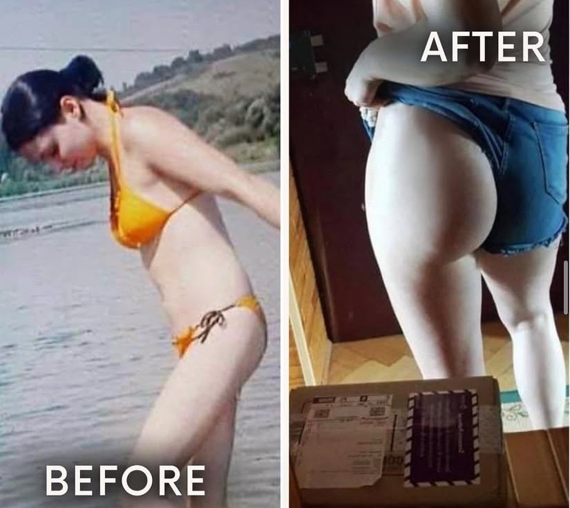 Kolaż przedstawiający sylwetkę kobiety przed i po, z napisem 'BEFORE' i 'AFTER'. Po lewej stronie kobieta w pomarańczowym bikini na tle krajobrazu z wodą i wzgórzami, po prawej stronie zbliżenie...