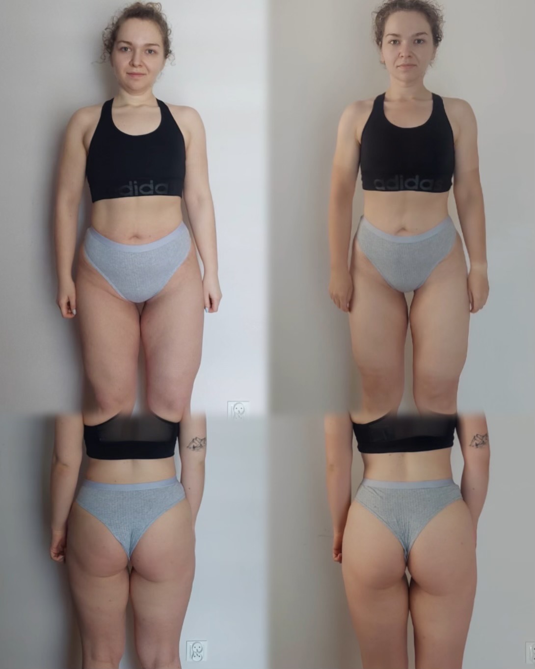 Kobieta w bieliźnie sportowej prezentuje metamorfozę sylwetki: porównanie figury przed i po, widoczne z przodu i z tyłu.