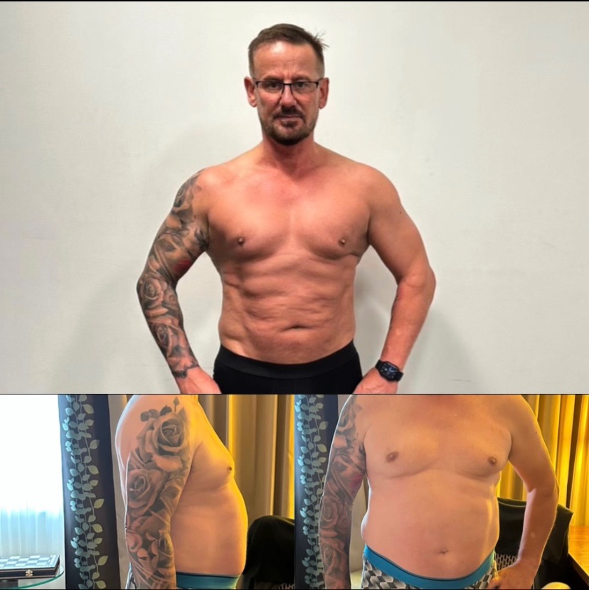 Mężczyzna przed i po transformacji sylwetki, widoczne zmiany w muskulaturze i redukcji tkanki tłuszczowej, tatuaż z motywem róż na ramieniu.