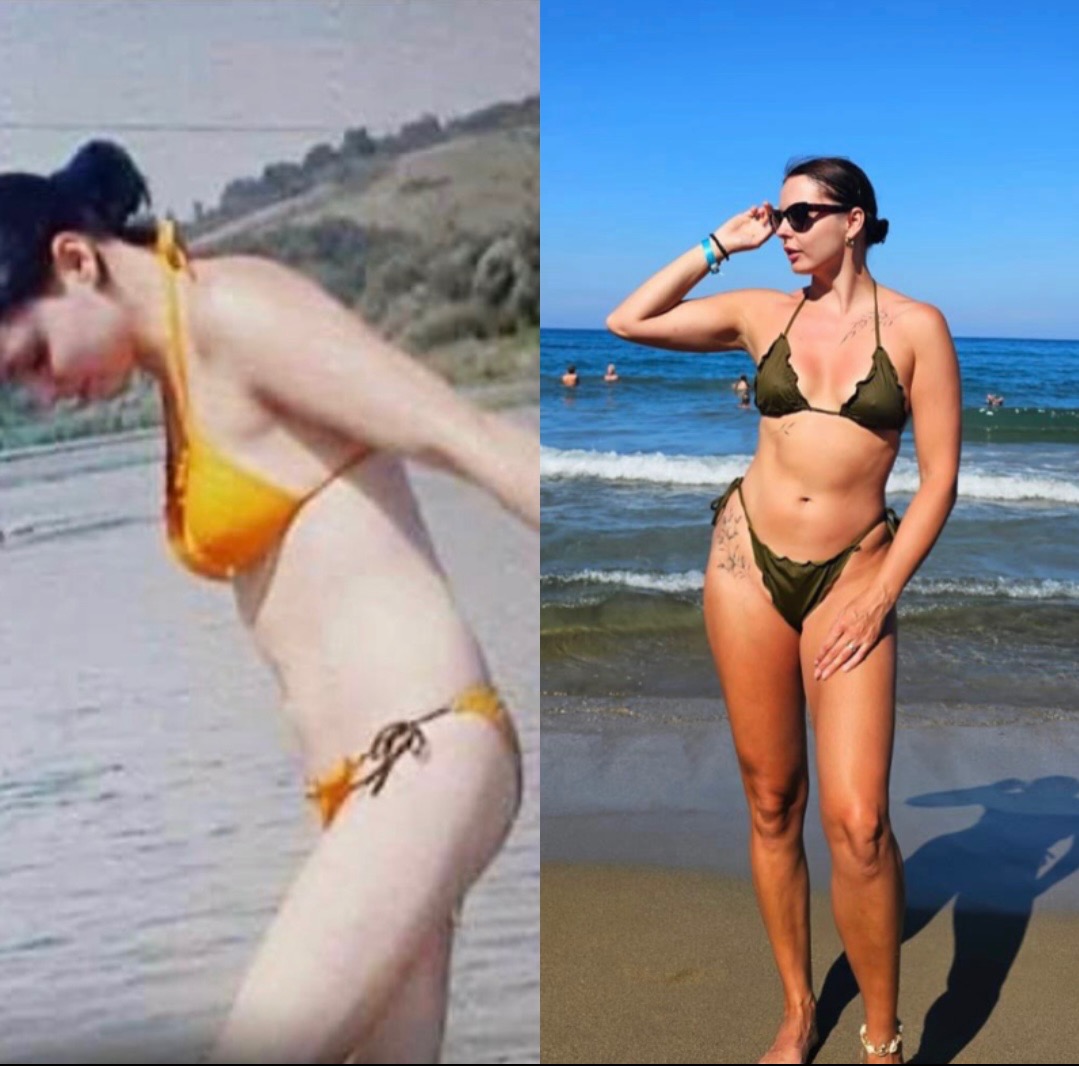 Kobieta w bikini na plaży, prezentująca metamorfozę sylwetki. Zdjęcie typu 'przed i po' z wyraźną różnicą w wyglądzie figury. Słońce, morze i piasek w tle.