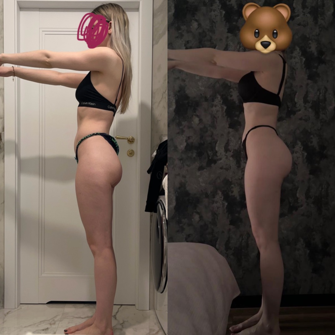 Kolaż 'przed i po' prezentujący sylwetkę kobiety w bieliźnie, ukazujący efekty treningu personalnego. Widoczne zmiany w kształcie pośladków i ogólnej kondycji ciała.