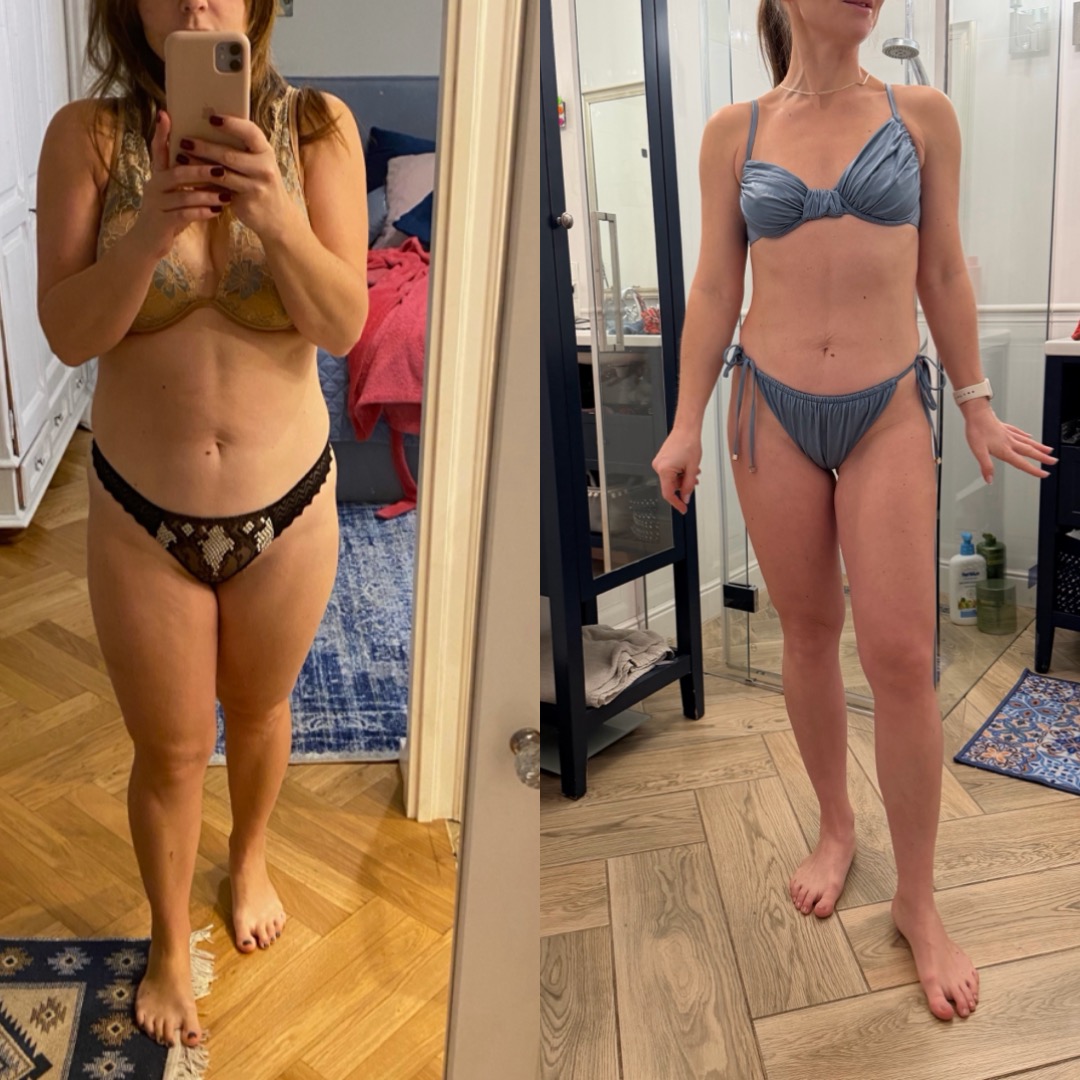 Metamorfoza sylwetki kobiety: zdjęcie 'przed' w lustrze z telefonem i 'po' w błękitnym bikini, ukazujące efekty współpracy hybrydowej. Widoczne zmiany w figurze.