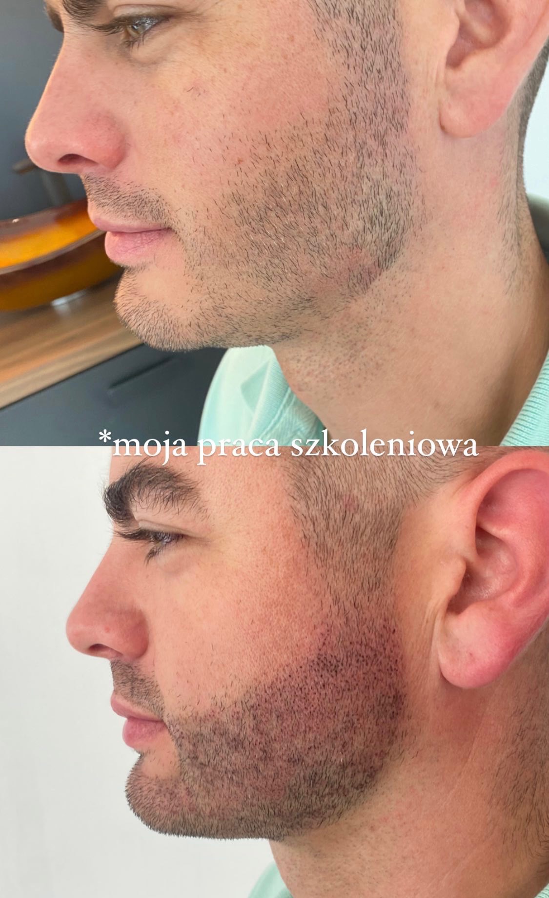 Profil mężczyzny przed i po strzyżeniu brody, widoczna różnica w długości i kształcie zarostu, tekst 'moja praca szkoleniowa' na zdjęciu.