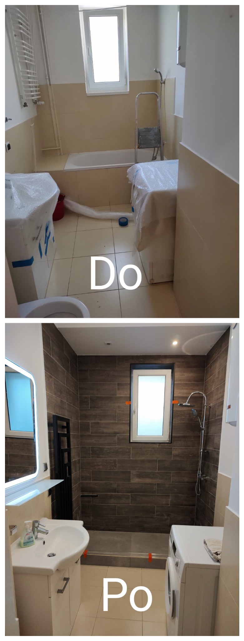 Zdjęcie przedstawia porównanie łazienki przed i po remoncie. Górna część pokazuje łazienkę z wanną, drabinką, sprzętami okrytymi folią i beżowymi płytkami. Dolna część prezentuje odnowioną łazienkę...