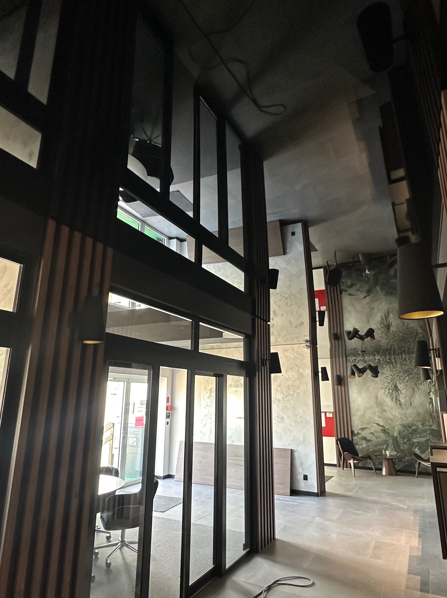 Nowoczesne wnętrze z ciemnym sufitem, oświetleniem punktowym i dekoracyjną ścianą z motywem roślinnym, widoczne przez szklane drzwi z drewnianą ramą.