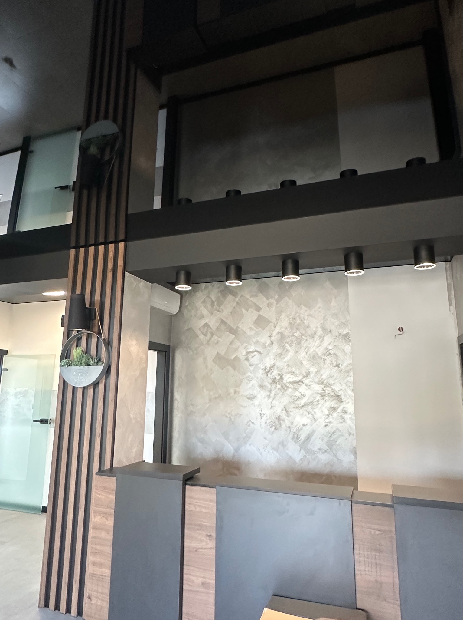 Nowoczesne wnętrze z dekoracyjną ścianą w odcieniach szarości, oświetleniem punktowym na suficie i drewnianą ścianką działową z okrągłą doniczką z sukulentami.