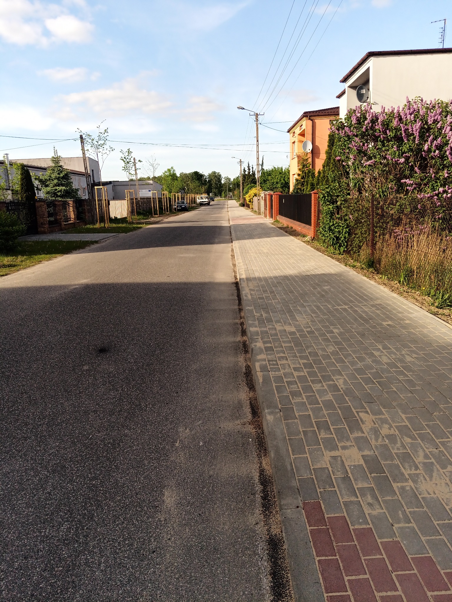 Ulica z chodnikiem wyłożonym szarą kostką brukową, obrzeża z czerwonej kostki, po drugiej stronie jezdni asfaltowa droga, w tle domy i drzewa.