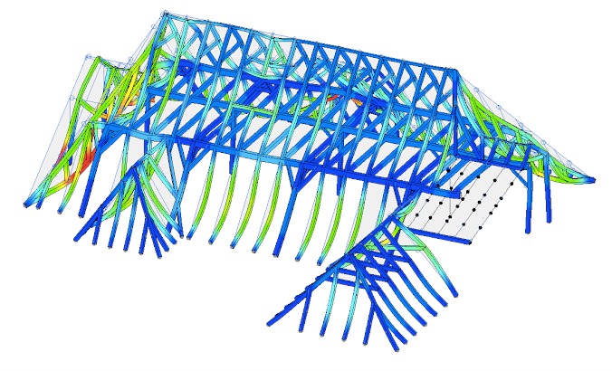 Kolorowa wizualizacja 3D konstrukcji dachu z drewnianych belek, prezentująca analizę obciążenia i naprężeń w projekcie inżynieryjnym. Widok z góry, białe tło.