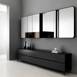 KROYEE Sp. z o.o. - Minimalistyczna aranżacja wnętrza z czarną komodą na cienkich nóżkach, szklanymi wazonami i książkami, nad którą wiszą szafki z lustrzanymi frontami i czarnymi obramowaniami na szarej ścianie.