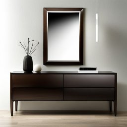 KROYEE Sp. z o.o. - Ciemnobrązowa komoda z czterema szufladami, lustro w ciemnej ramie nad nią, minimalistyczna lampa wisząca, wazon z dekoracyjnymi gałązkami i biała kula, na blacie ułożone książki.