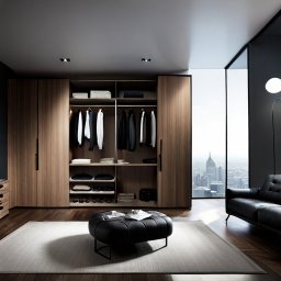 KROYEE Sp. z o.o. - Duża szafa wnękowa z jasnego drewna z czarnymi uchwytami, widok na miasto przez okno, czarna pufa i sofa w nowoczesnym wnętrzu.