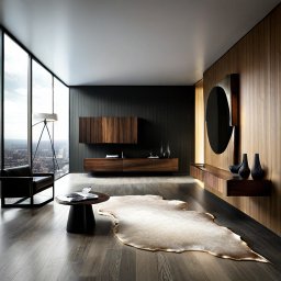 KROYEE Sp. z o.o. - Nowoczesny salon z drewnianą zabudową na ścianie, wiszącą szafką RTV i okrągłym lustrem, uzupełniony dywanem ze skóry i stolikiem kawowym na tle panoramicznego okna z widokiem na miasto.