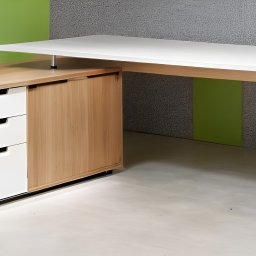 KROYEE Sp. z o.o. - Nowoczesne biurko z blatem w kolorze białym, wspartym na białych, skośnych nogach, połączone z drewnianym kontenerem z trzema białymi szufladami i zamykaną szafką, na tle szaro-zielonej ściany.