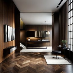 KROYEE Sp. z o.o. - Wnętrze w ciemnym drewnie z parkietem ułożonym w jodełkę, minimalistyczna konsola z oświetleniem i abstrakcyjny obraz na ścianie.