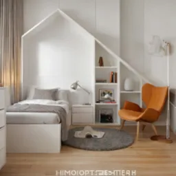 Pok&oacute;j z ł&oacute;żkiem w zabudowie przypominającej domek, białe p&oacute;łki pod skosem, pomarańczowy fotel i okrągły dywan na drewnianej podłodze.