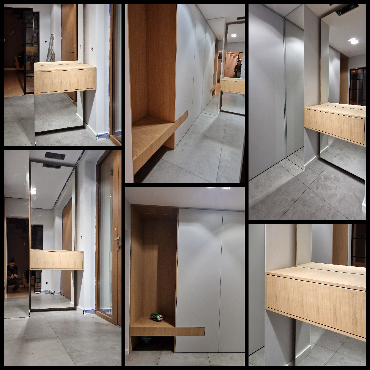 Nowoczesna zabudowa przedpokoju z szafami w kolorze białym i elementami z jasnego drewna, w tym półka i wisząca konsola z lustrem, widoczne w różnych ujęciach.