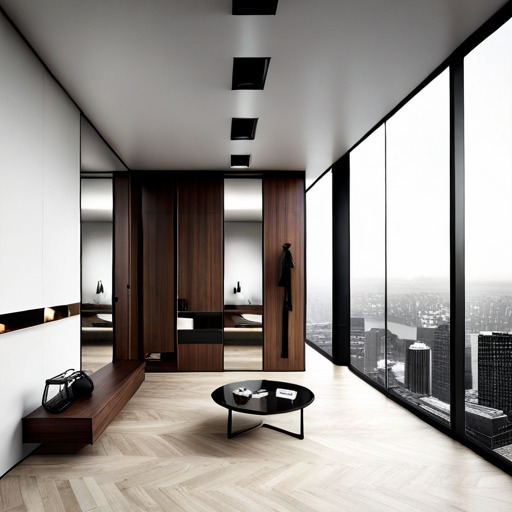 Nowoczesne wnętrze z szafą wnękową z ciemnego drewna, lustrzanymi drzwiami i białymi frontami, uzupełnione drewnianą ławką i okrągłym stolikiem na tle panoramicznego okna z widokiem na miasto.