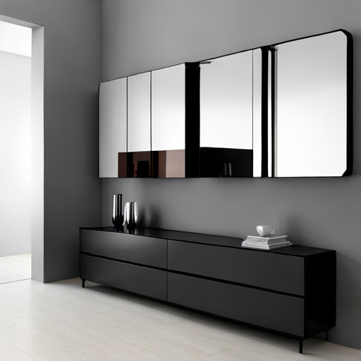 Minimalistyczna aranżacja wnętrza z czarną komodą na cienkich nóżkach, szklanymi wazonami i książkami, nad którą wiszą szafki z lustrzanymi frontami i czarnymi obramowaniami na szarej ścianie.