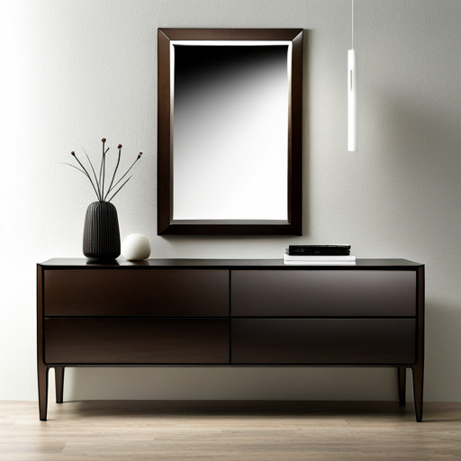 Ciemnobrązowa komoda z czterema szufladami, lustro w ciemnej ramie nad nią, minimalistyczna lampa wisząca, wazon z dekoracyjnymi gałązkami i biała kula, na blacie ułożone książki.