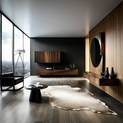 Nowoczesny salon z drewnianą zabudową na ścianie, wiszącą szafką RTV i okrągłym lustrem, uzupełniony dywanem ze skóry i stolikiem kawowym na tle panoramicznego okna z widokiem na miasto.