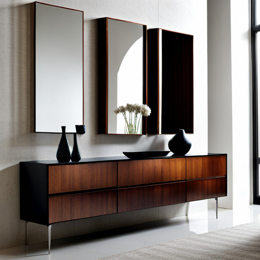 Elegancka komoda z forniru w odcieniach brązu, uzupełniona o wiszące lustra i dekoracyjne wazony w Rząsce. Minimalistyczny design, widoczne subtelne nóżki i gra światła na powierzchni drewna.