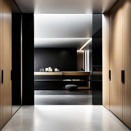 Wnętrze garderoby z zabudową w kolorach czerni i jasnego drewna, oświetlenie LED podkreśla minimalistyczny design.