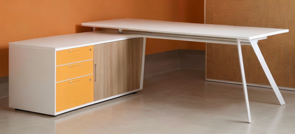 Białe biurko narożne z żółtymi szufladami i drewnianymi drzwiczkami, wsparte na białych, ukośnych nogach, na tle pomarańczowej ściany i teksturowanej przegrody.