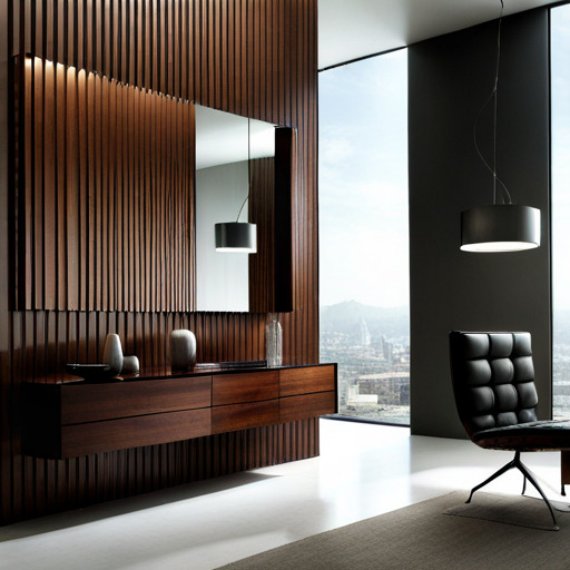 Nowoczesna łazienka z drewnianą ścianą z pionowych paneli, wiszącą szafką z lustrem, czarnym fotelem i widokiem na miasto za oknem.